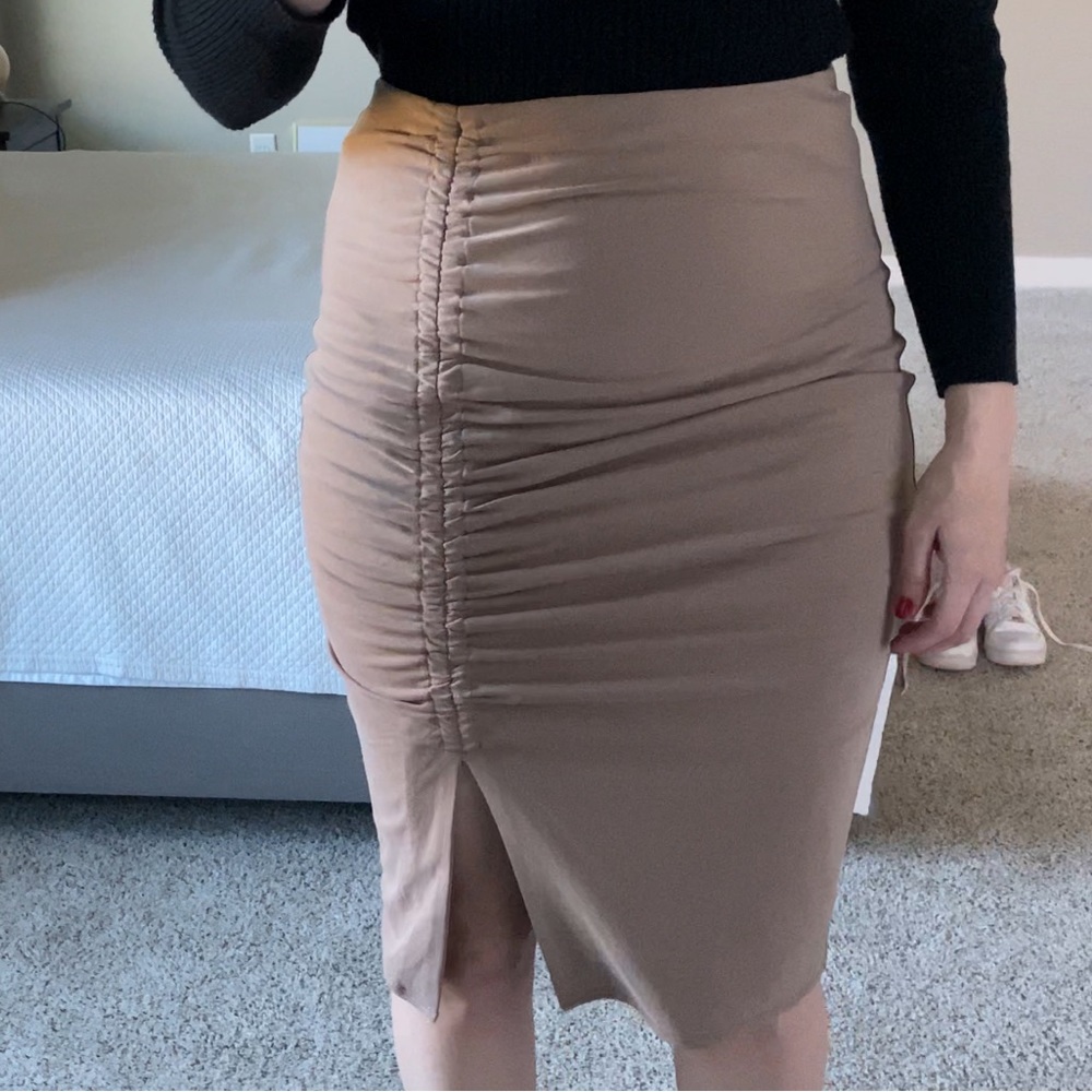 Express ruched midi jersey skirt thigh slit